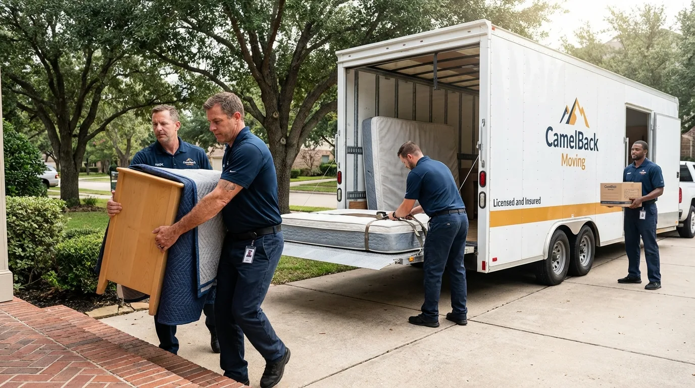 Crew loading residential truck for cross-state move from De Witt, IA