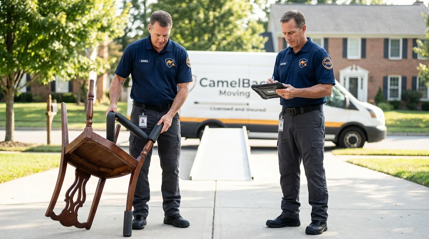Movers inspecting furniture for damage prevention before loading in De Witt, IA