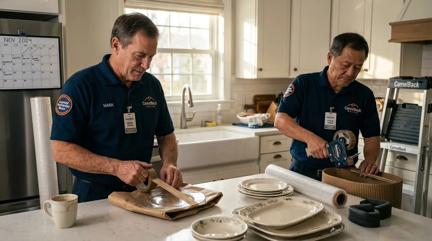 Professional crew packing kitchen dishware in De Witt, IA